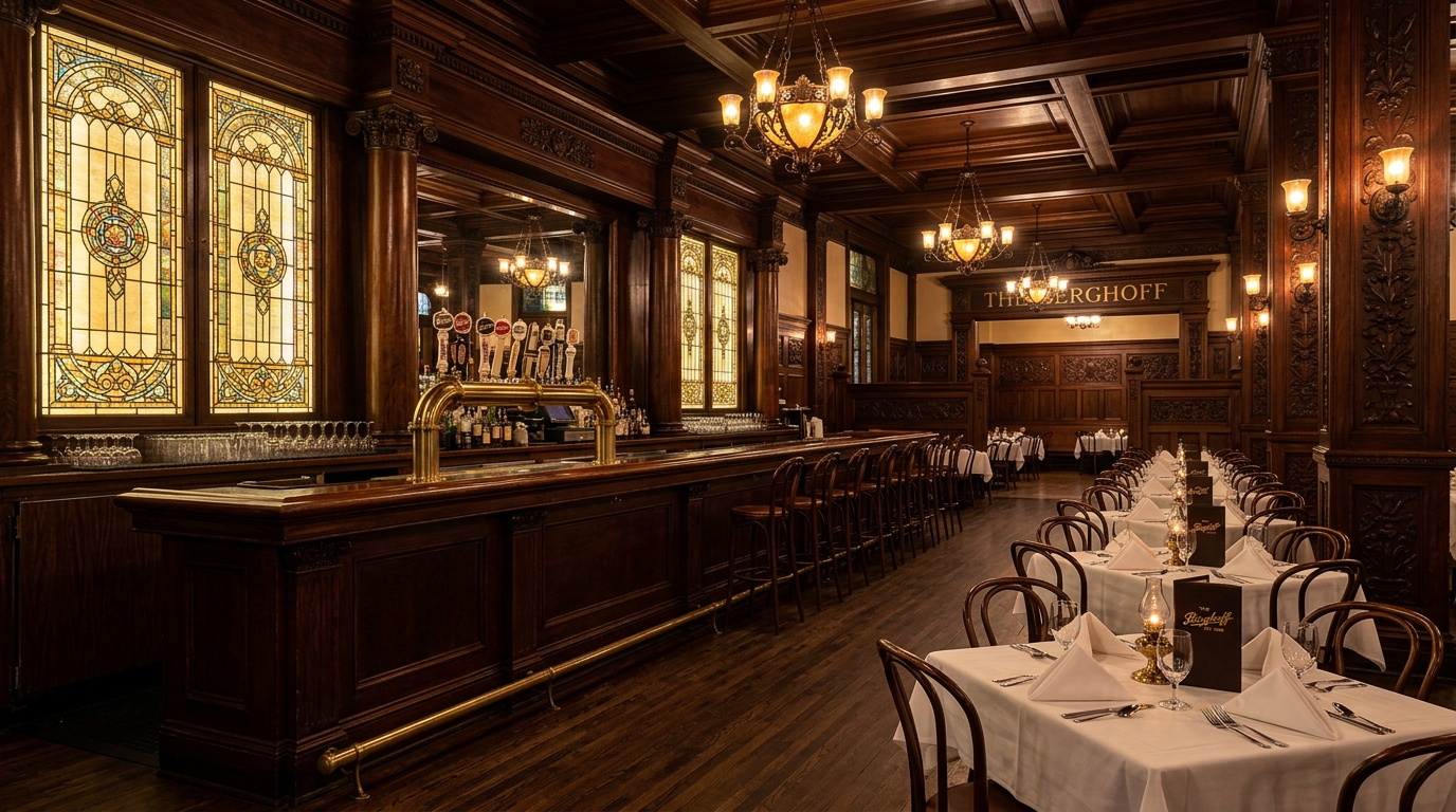 Interior shot of The Berghoff restaurant showcasing its historic wooden paneling and stained glass - Chicago Historic Date Nights