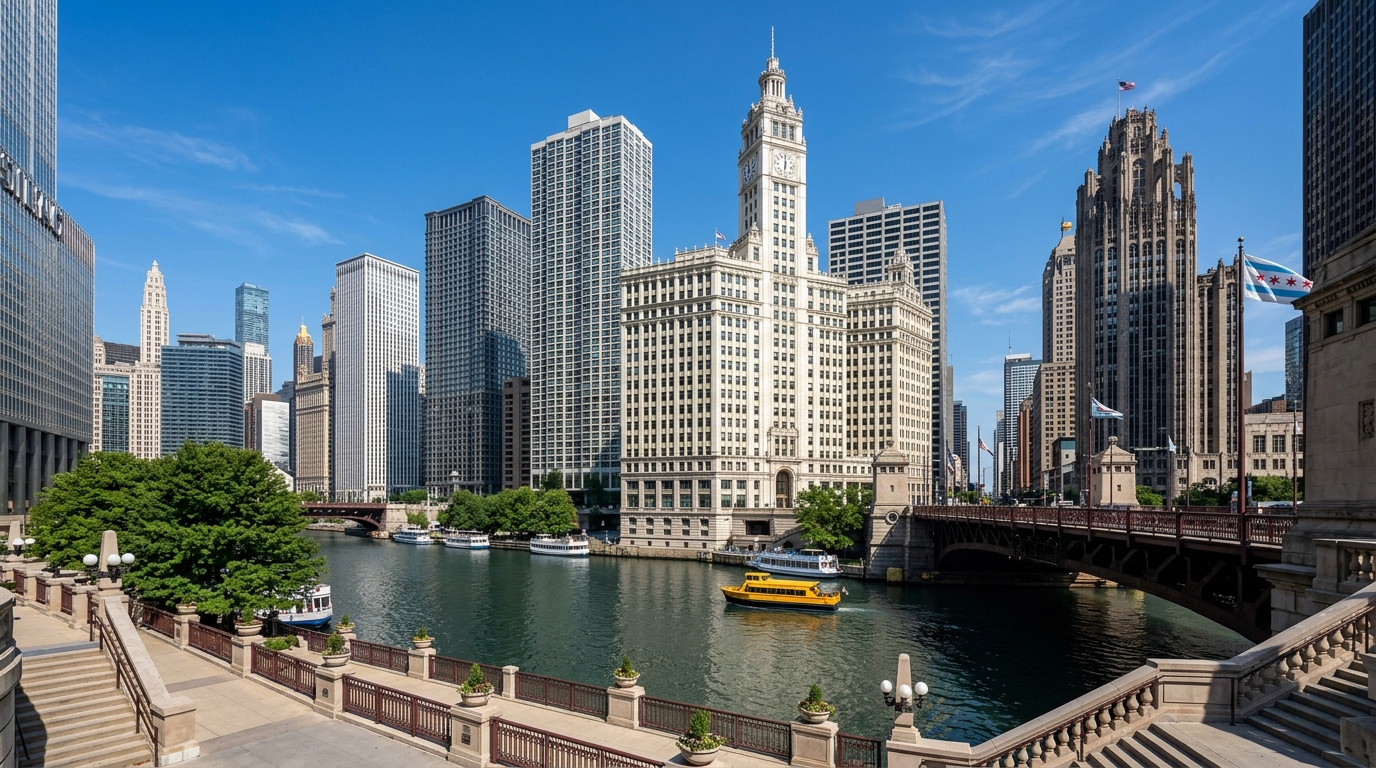 A scenic shot of the Chicago River with iconic buildings like Tribune Tower and Wrigley Building - Chicago Historic Date Nights