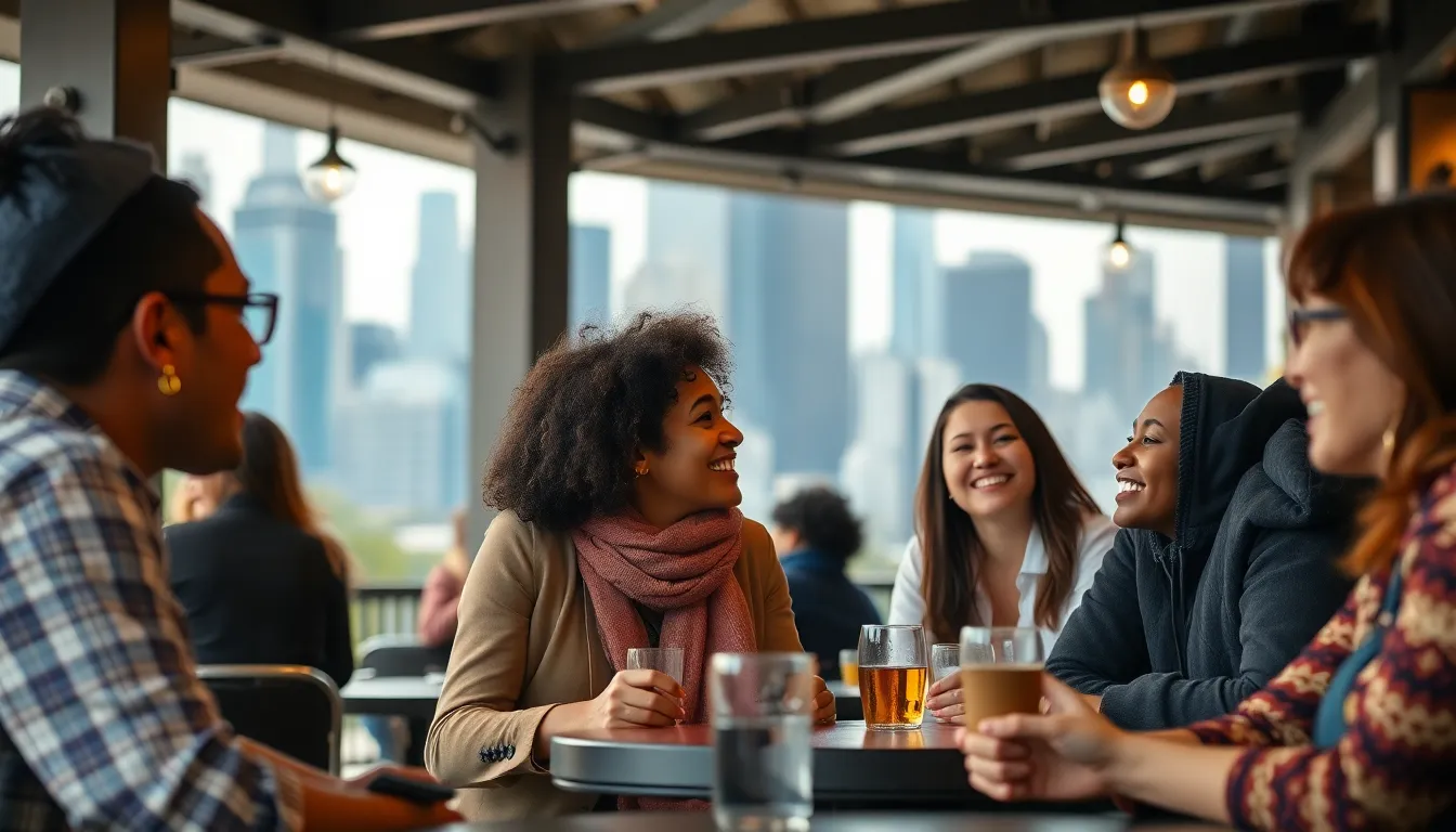 Diverse people enjoying lively Chicago conversations in a bustling cafe, reflecting the city