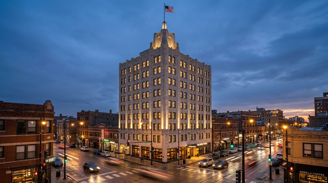 Exterior shot of The Robey hotel in Wicker Park emphasizing its historic Art Deco architecture - Chicago Historic Date Nights